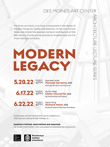 Image of a Des Moines Art Center poster that presents information about an upcoming architecture lecture series