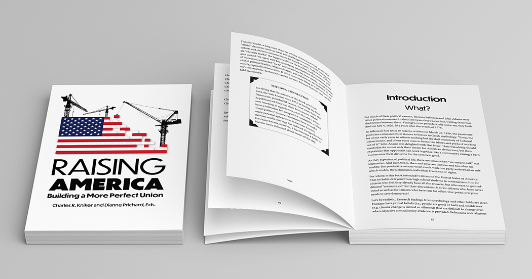 Image of two Raising America books, with one closed, showing the front cover, and the other open, with a view of two pages inside the book
