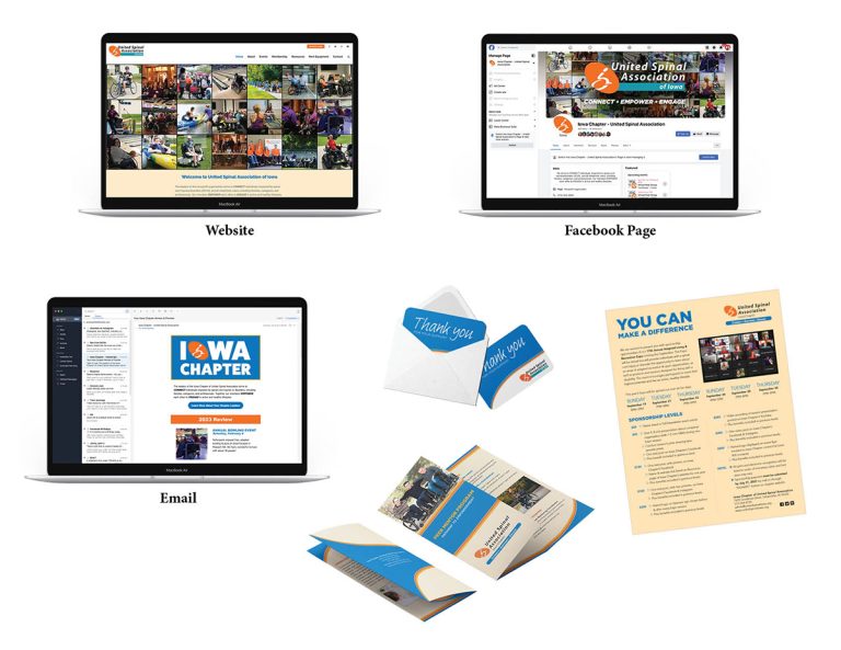 A collection of marketing materials for United Spinal Association of Iowa showing a cohesive brand.