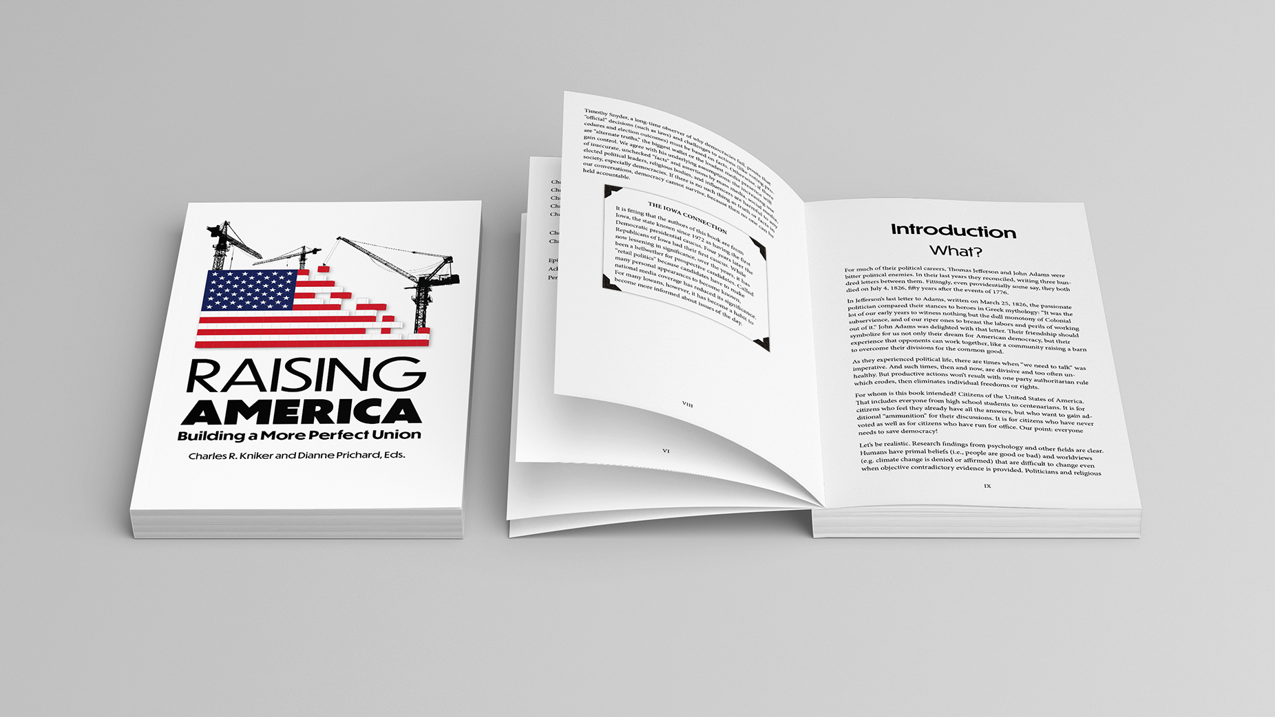 Image of two Raising America books, with one closed, showing the front cover, and the other open, with a view of two pages inside the book